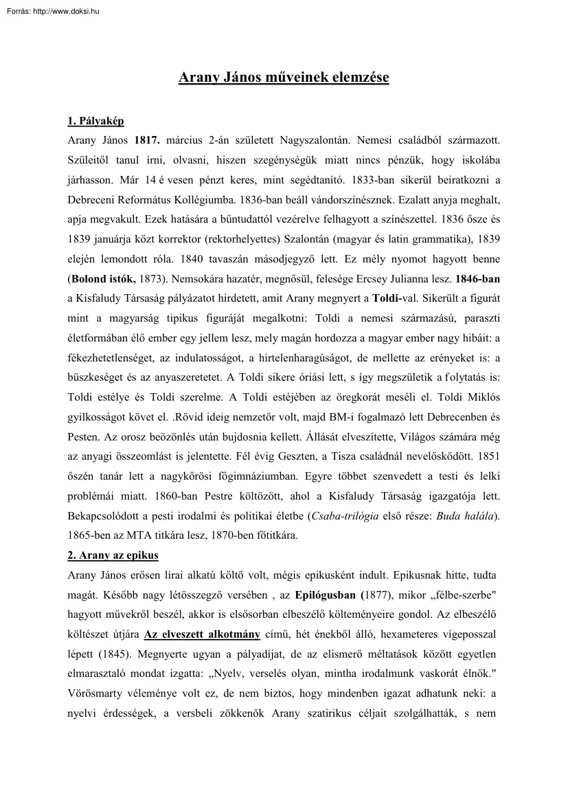 Arany János műveinek elemzése