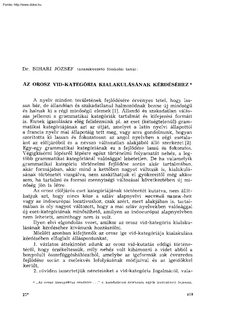 Dr. Bihari József - Az orosz Vid-kategória kialakulásának kérdéséhez