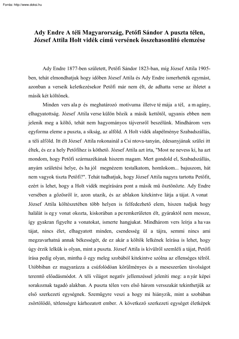 Ady Endre A téli Magyarország, Petőfi Sándor A puszta télen és József Attila Holt vidék