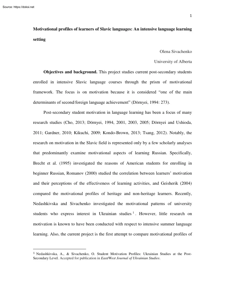 Olena Sivachenko - Motivational profiles of learners of Slavic languages, An intensive language