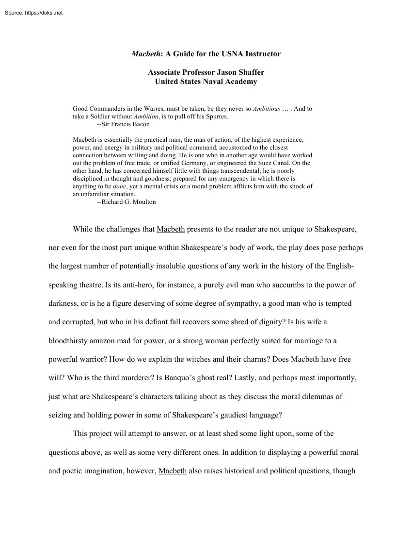 Macbeth, A Guide for the USNA Instructor
