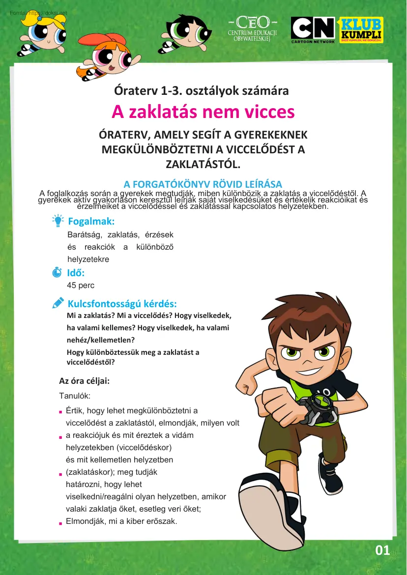 A zaklatás nem vicces, Óraterv 1-3. osztályok számára