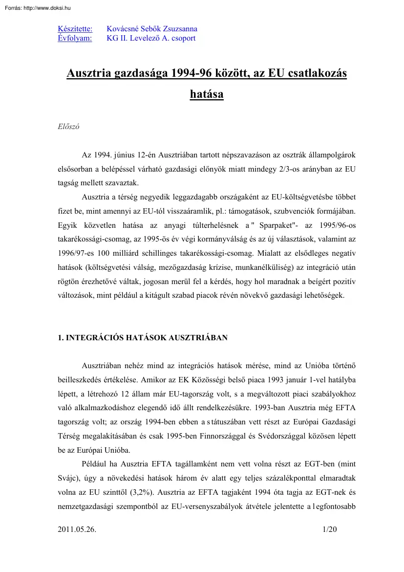 Sebők Zsuzsanna - Ausztria gazdasága 1994-96 között, az EU csatlakozás hatása