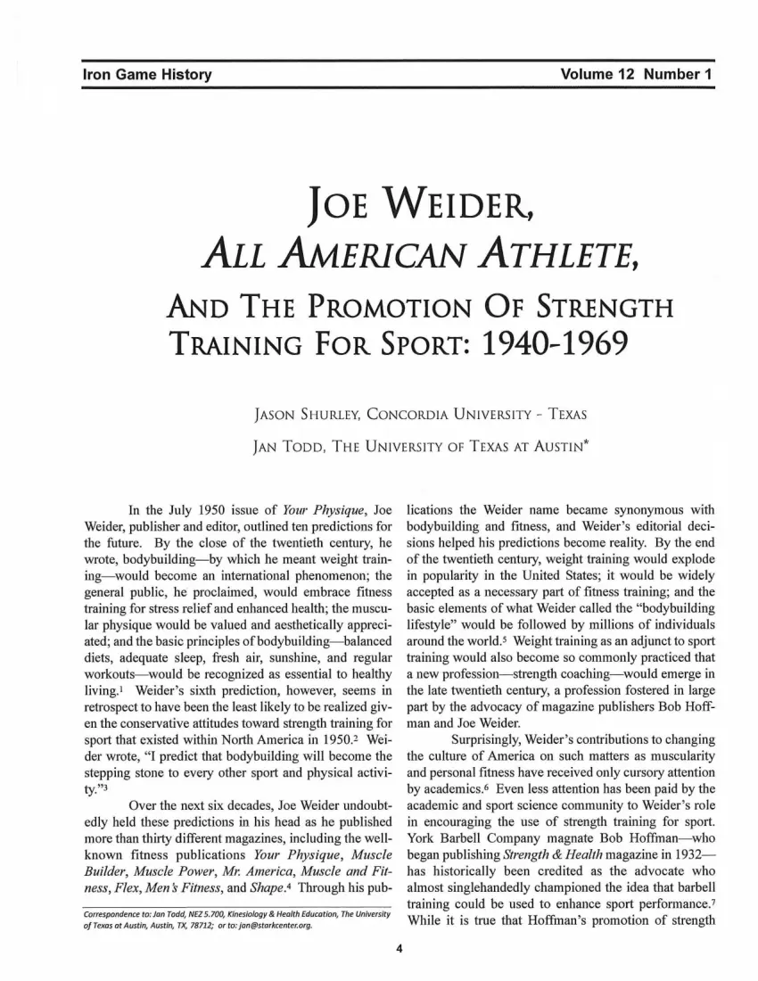 Jason Shurley - Joe Weider, All Americal Athlete and the promotion of strength training for sport