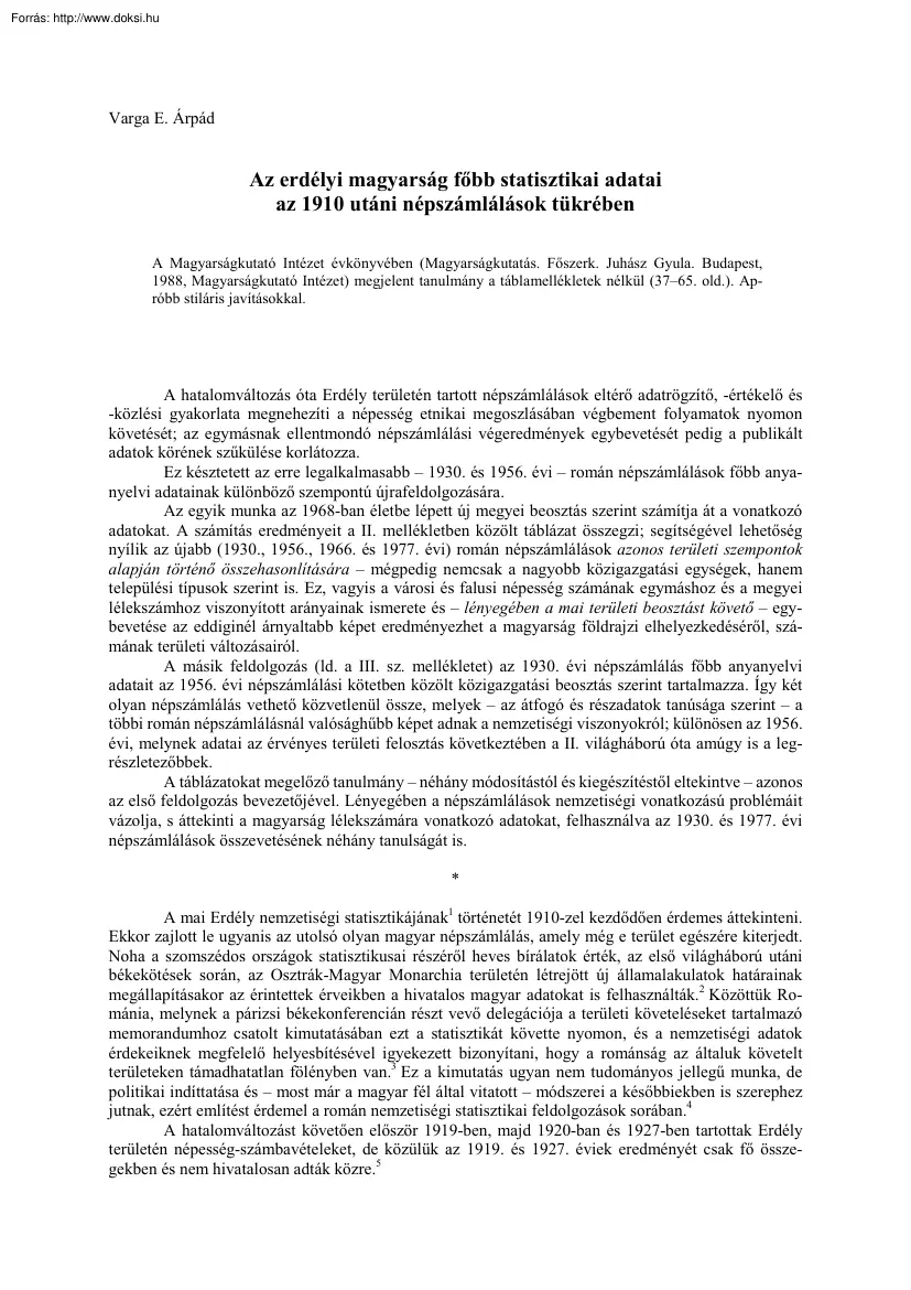 Varga E. Árpád - Az erdélyi magyarság főbb statisztikai adatai az 1910 utáni