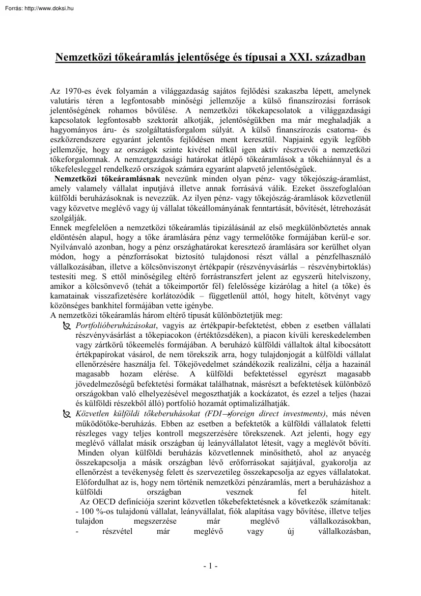 A nemzetközi tőkeáramlás jelentősége és típusai a XXI. században
