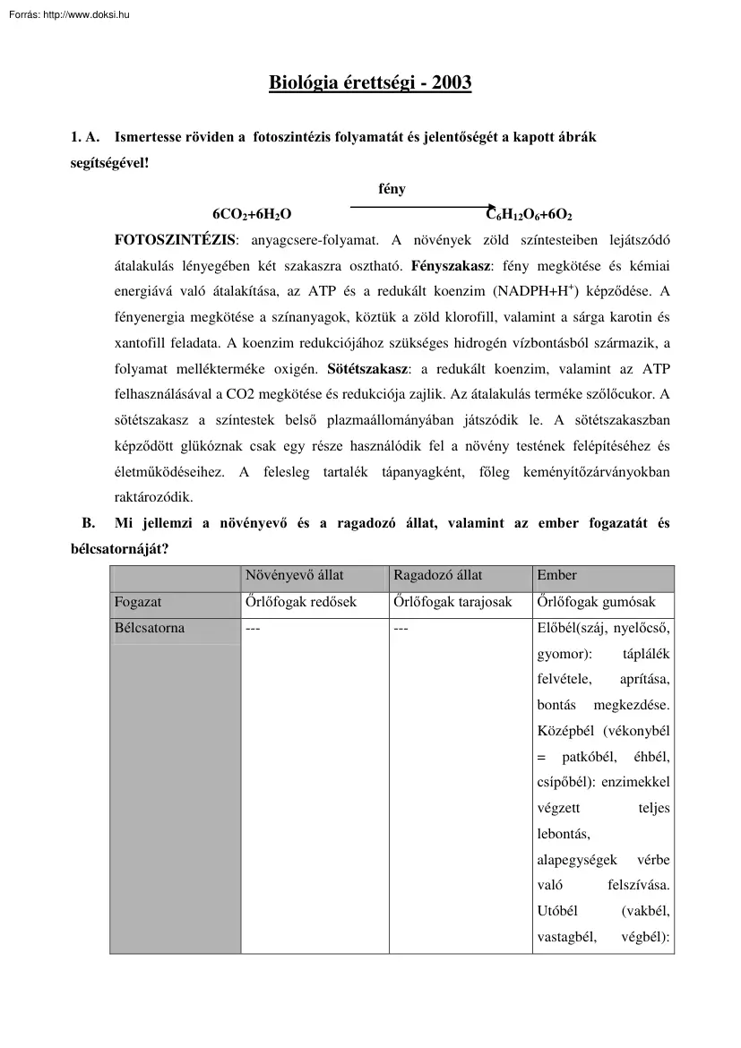 Biológia érettségi tételek, 2003