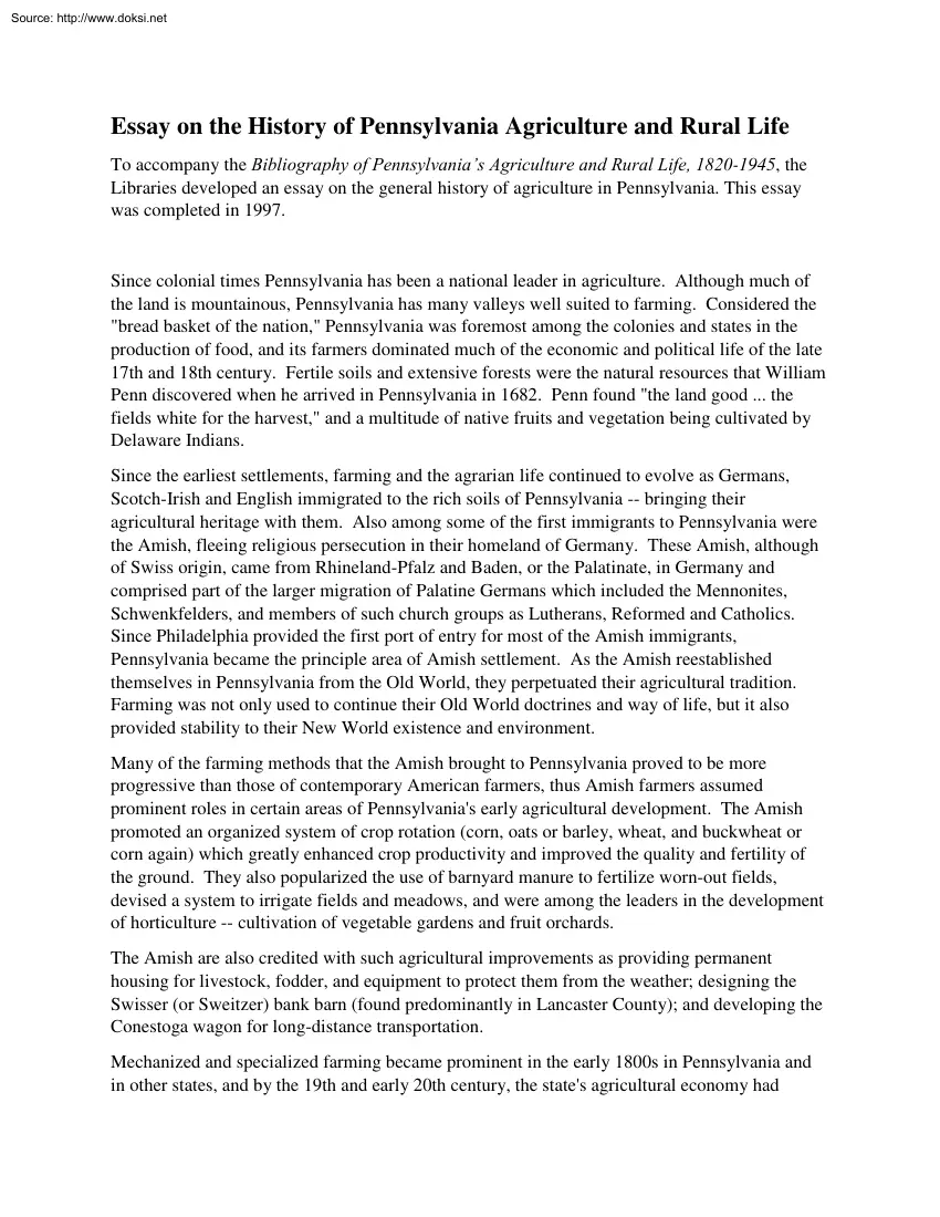 Essay on the History of Pennsylvania Agriculture and Rural Life