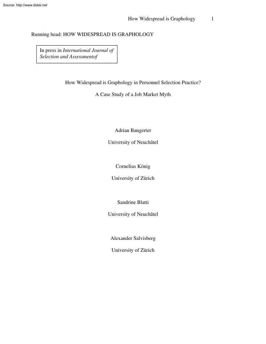Bangerter-König-Blatti - How Widespread is Graphology in Personnel Selection Practice
