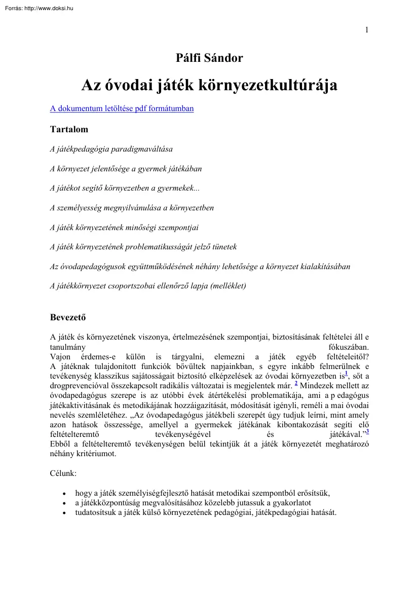 Pálfi Sándor - Az óvodai játék környezetkultúrája