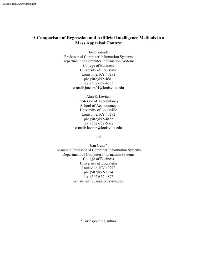 Jozef Zurada - A Comparison of Regression and Artificial Intelligence Methods in a Mass Appraisal