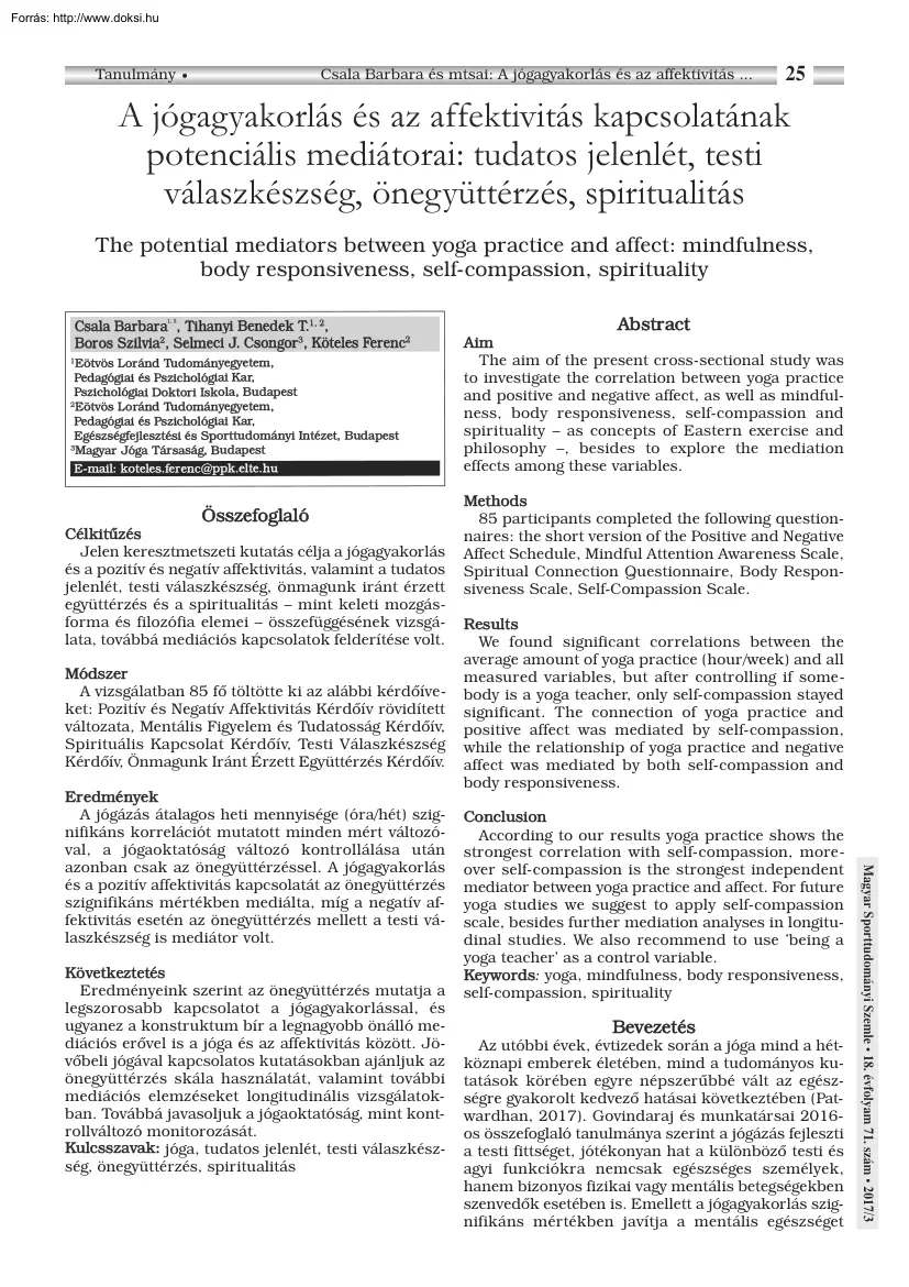 A jógagyakorlás és az affektivitás kapcsolatának potenciális mediátorai, tudatos jelenlét