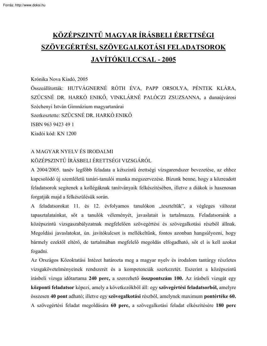 Középszintű magyar írásbeli érettségi, 2005