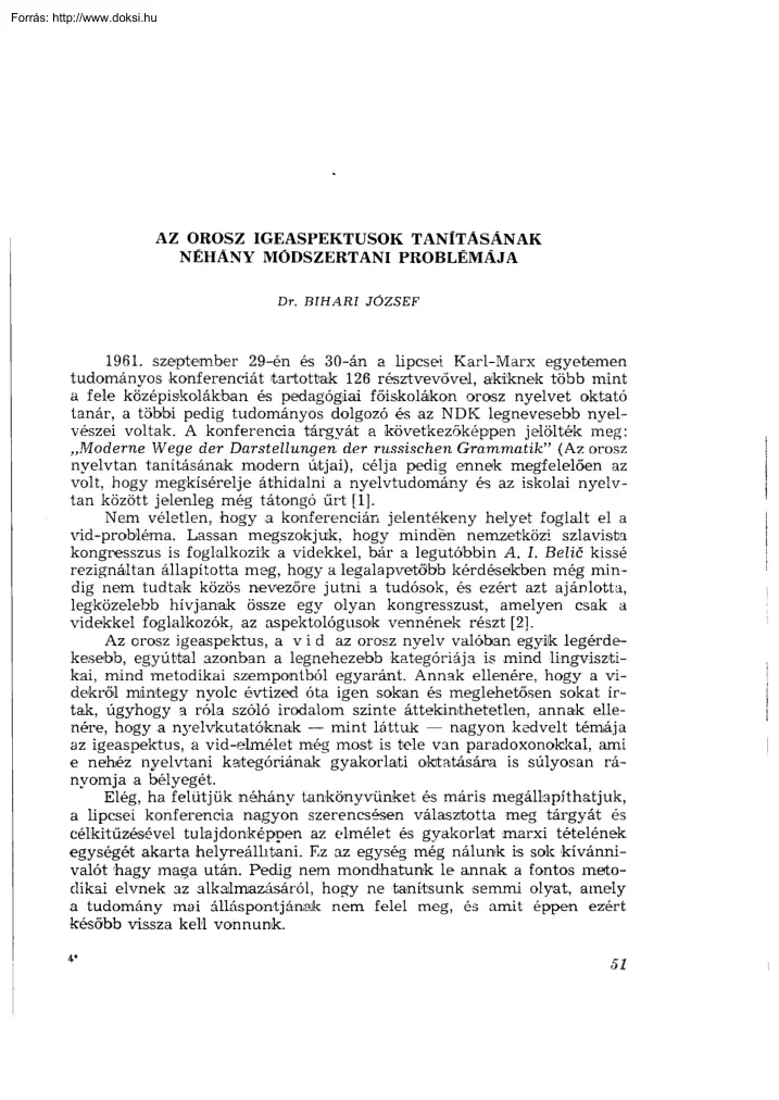 Dr. Bihari József - Az orosz igeaspektusok tanításának néhány módszertani problémája