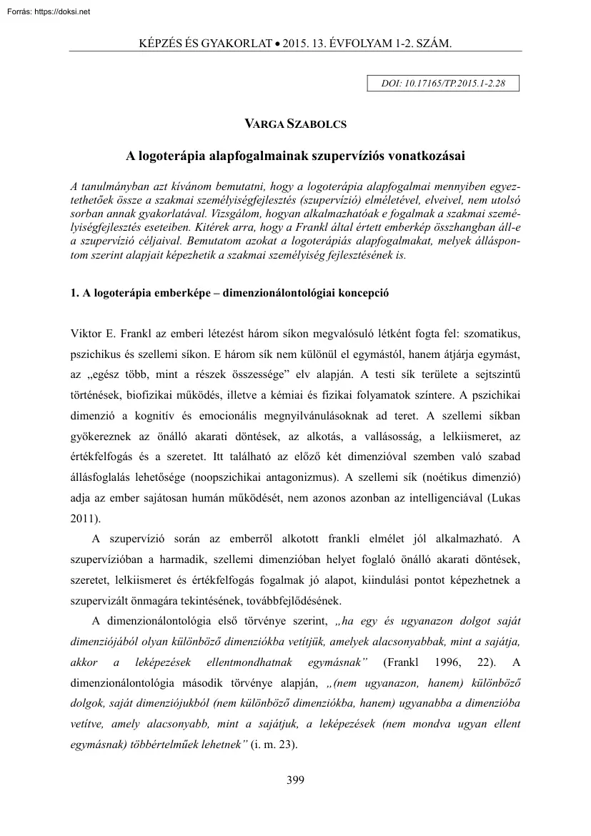 Varga Szabolcs - A logoterápia alapfogalmainak szupervíziós vonatkozásai