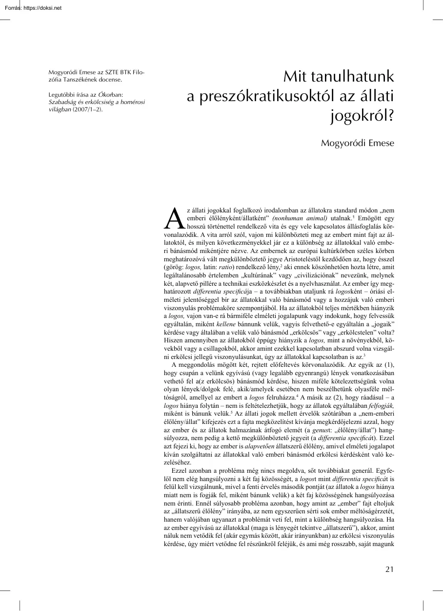 Mogyoródi Emese - Mit tanulhatunk a preszókratikusoktól az állati jogokról