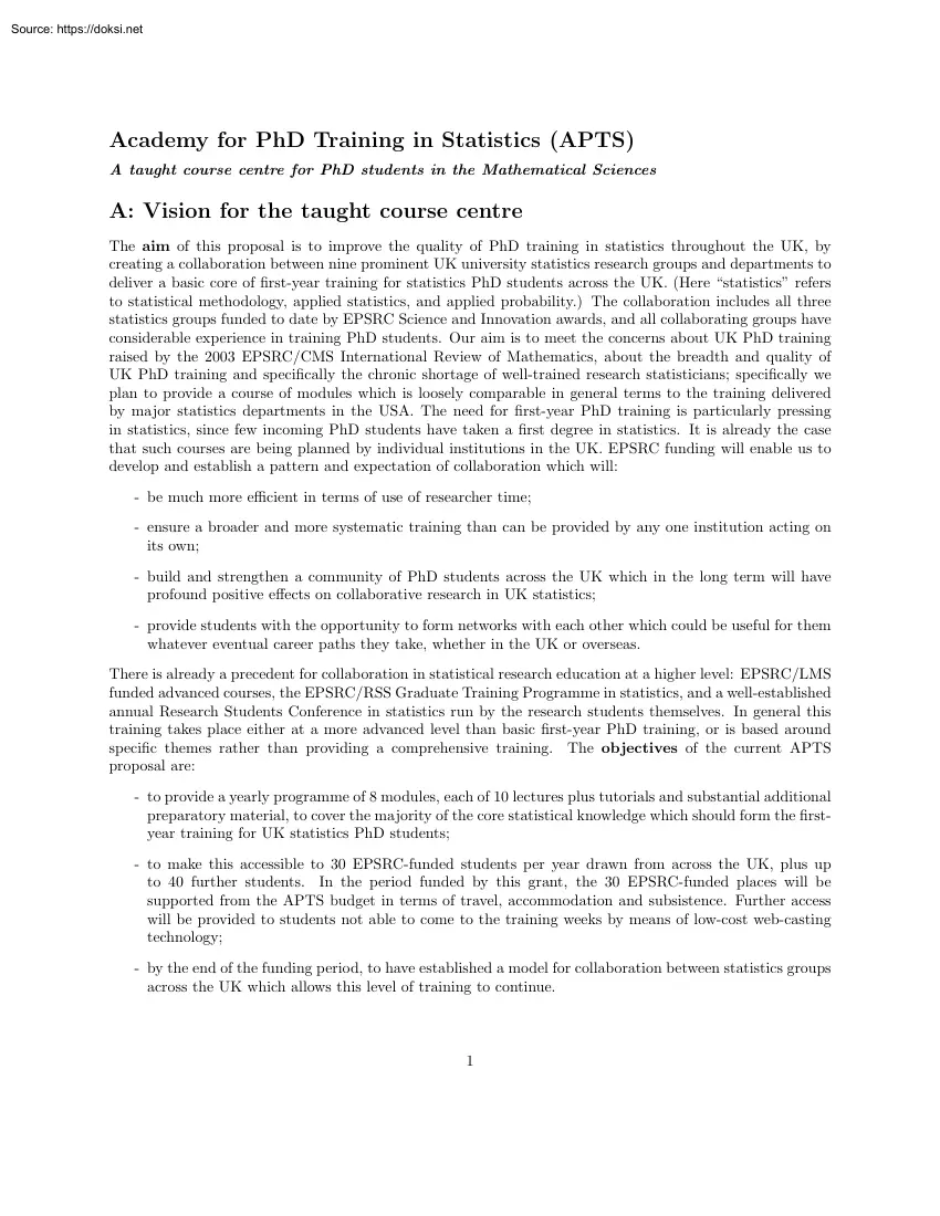 Academy for PhD Training in Statistics APTS