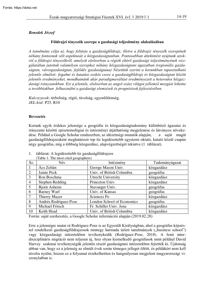 Benedek József - Földrajzi tényezők szerepe a gazdasági teljesítmény alakulásában