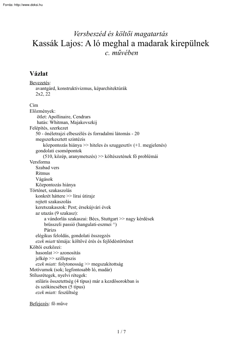 Baráth Béla - Versbeszéd és költői magatartás Kassák Lajos A ló meghal a madarak