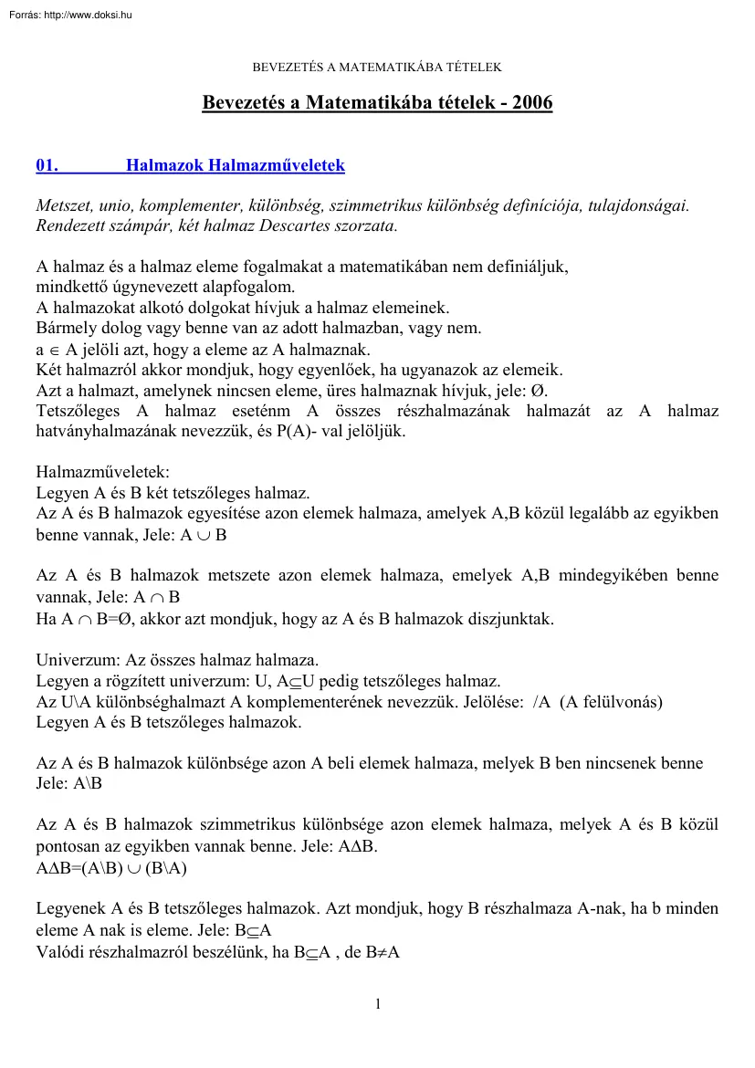 Bevezetés a Matematikába tételek, 2006