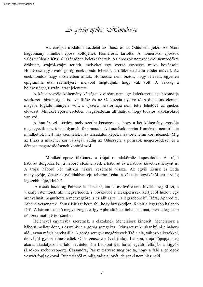 Bagoly Andrea - A görög epika, Homérosz