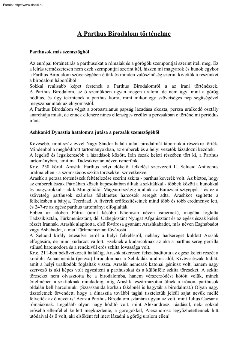 A Parthus Birodalom történelme