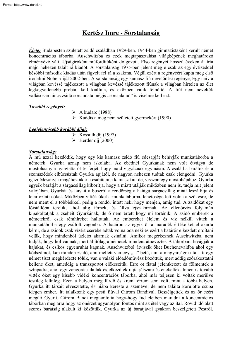 Kertész Imre - Sorstalanság
