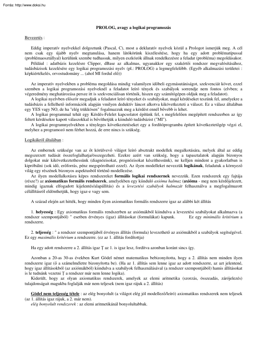 Prolog, avagy a logikai programozás