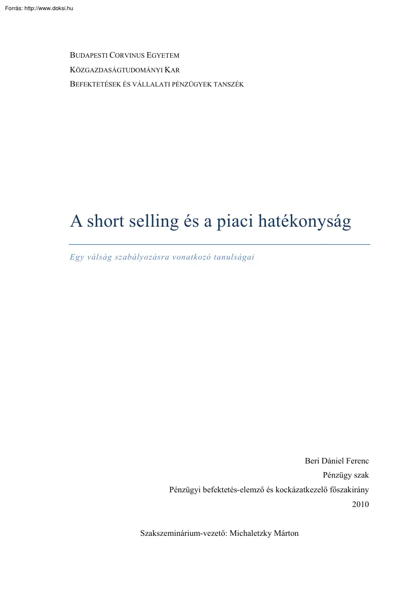 Beri Dániel Ferenc - Short selling és a piaci hatékonyság