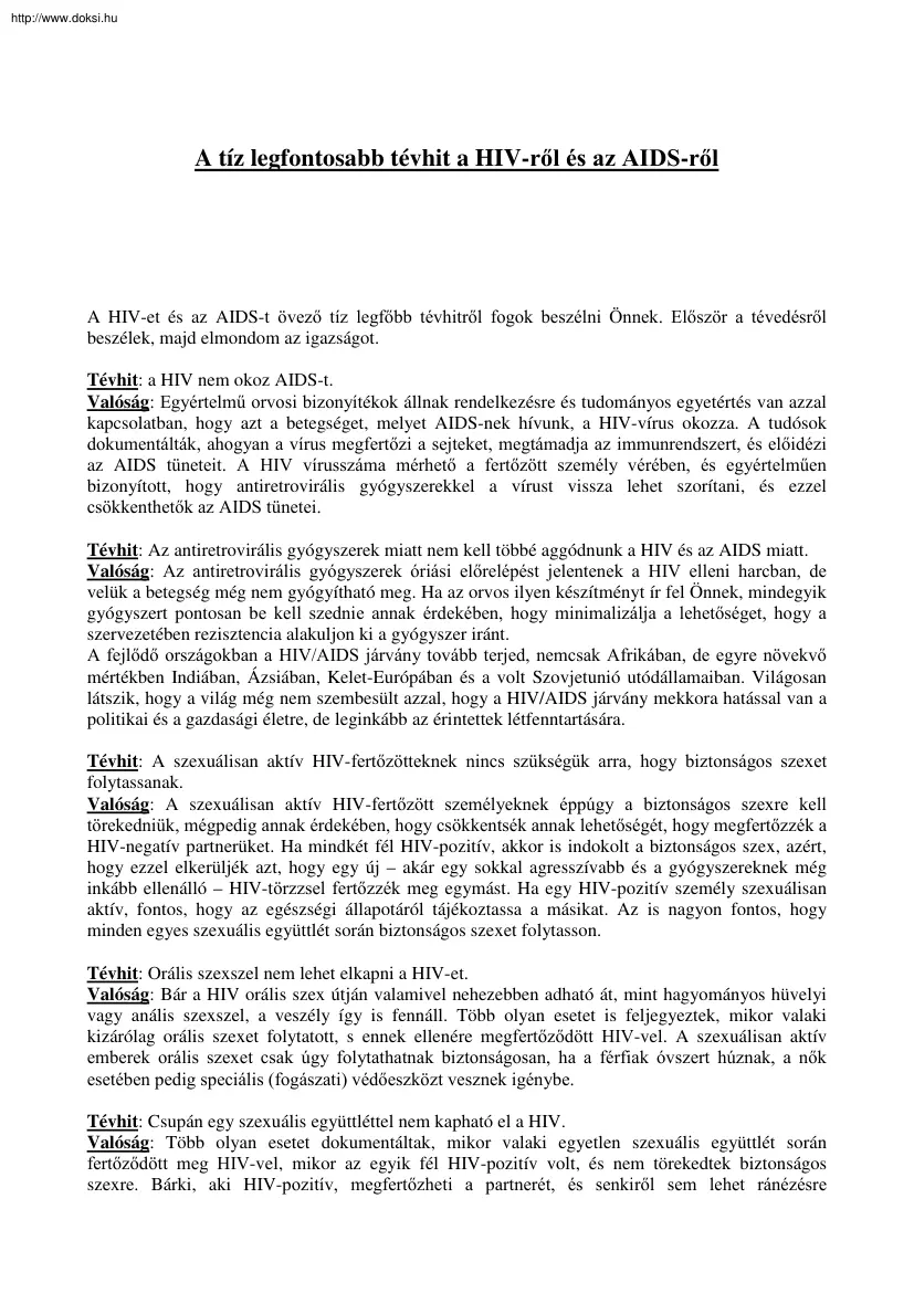 A tíz legfontosabb tévhit a HIV-ről és az AIDS-ről