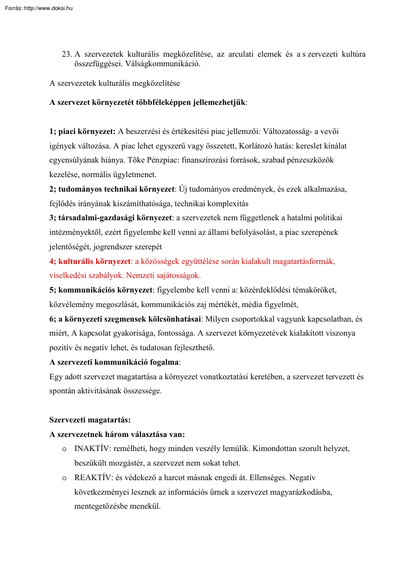 A szervezetek kulturális megközelítése, válságkommunikáció