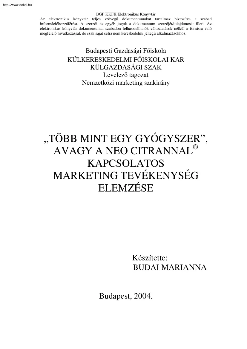 Budai Marianna - A Neo Citrannal kapcsolatos marketing tevékenységek elemzése