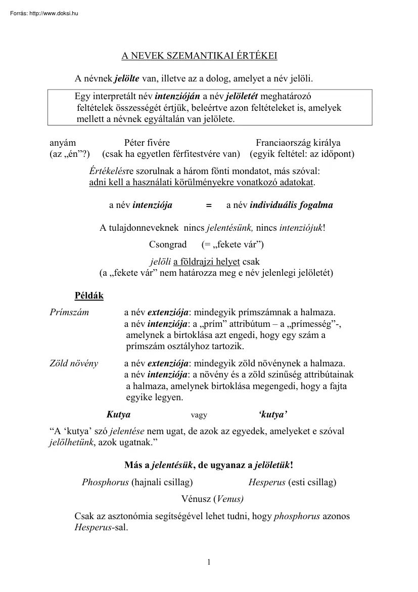 A nevek szemantikai értékei