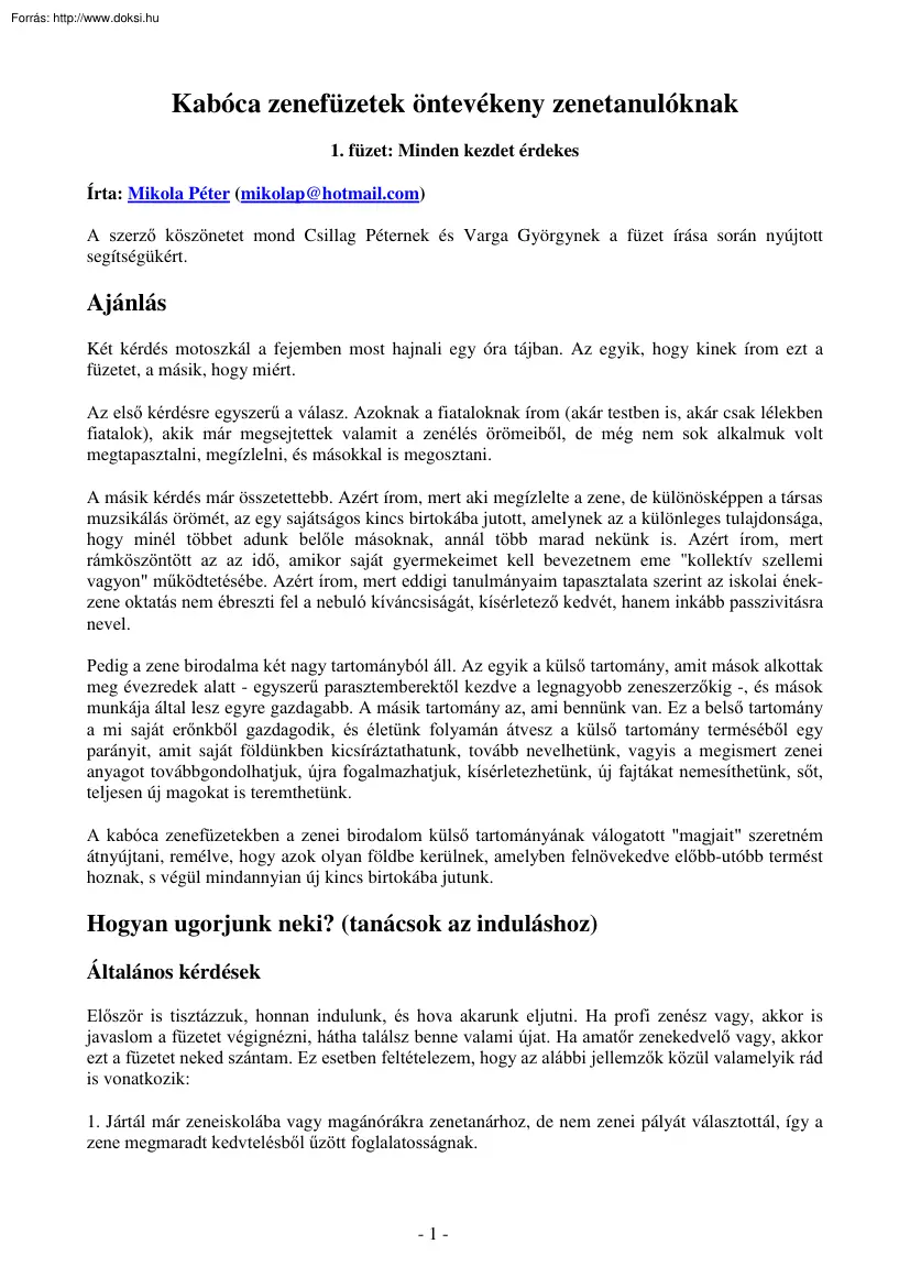 Mikola Péter - Kabóca zenefüzetek öntevékeny zenetanulóknak