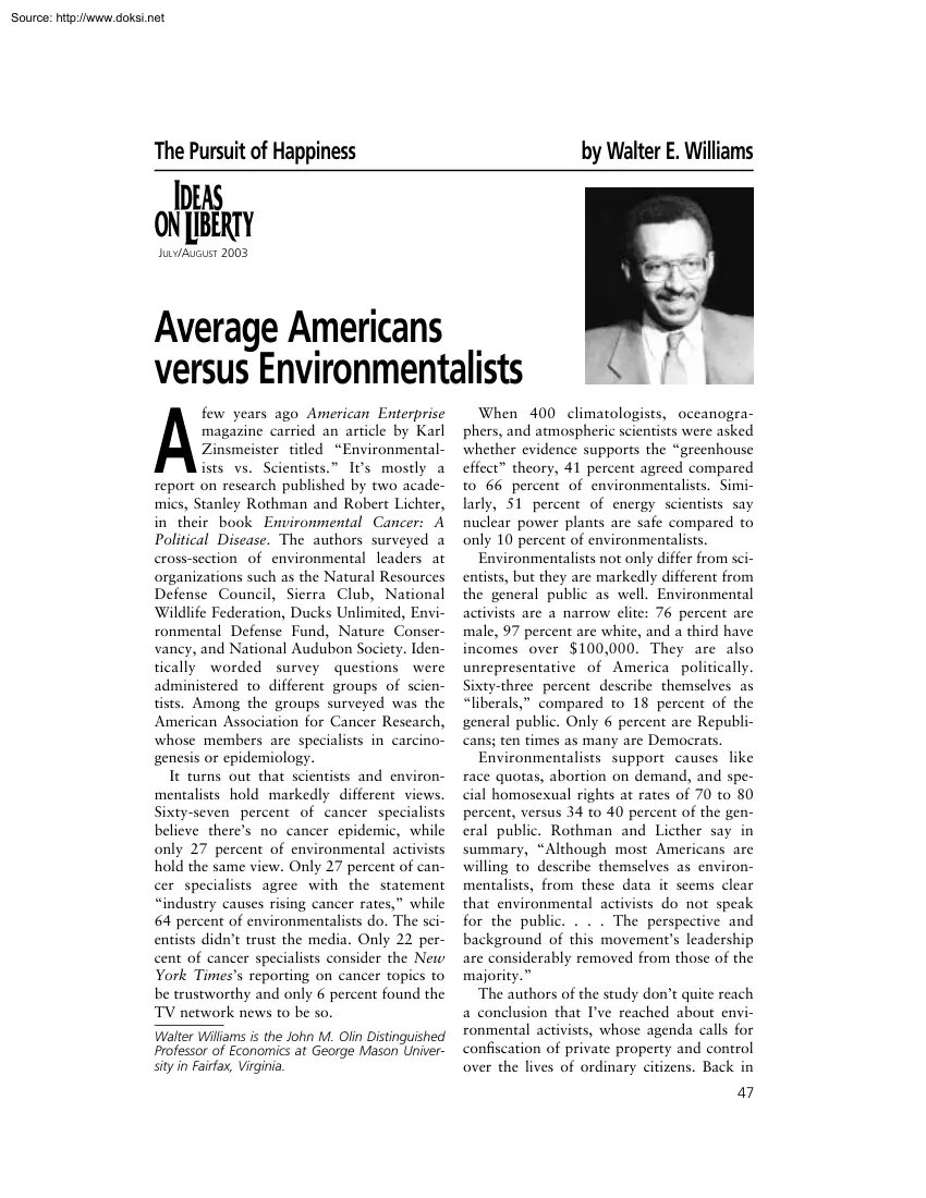 Walter E. Williams - Average Americans Versus Environmentalists