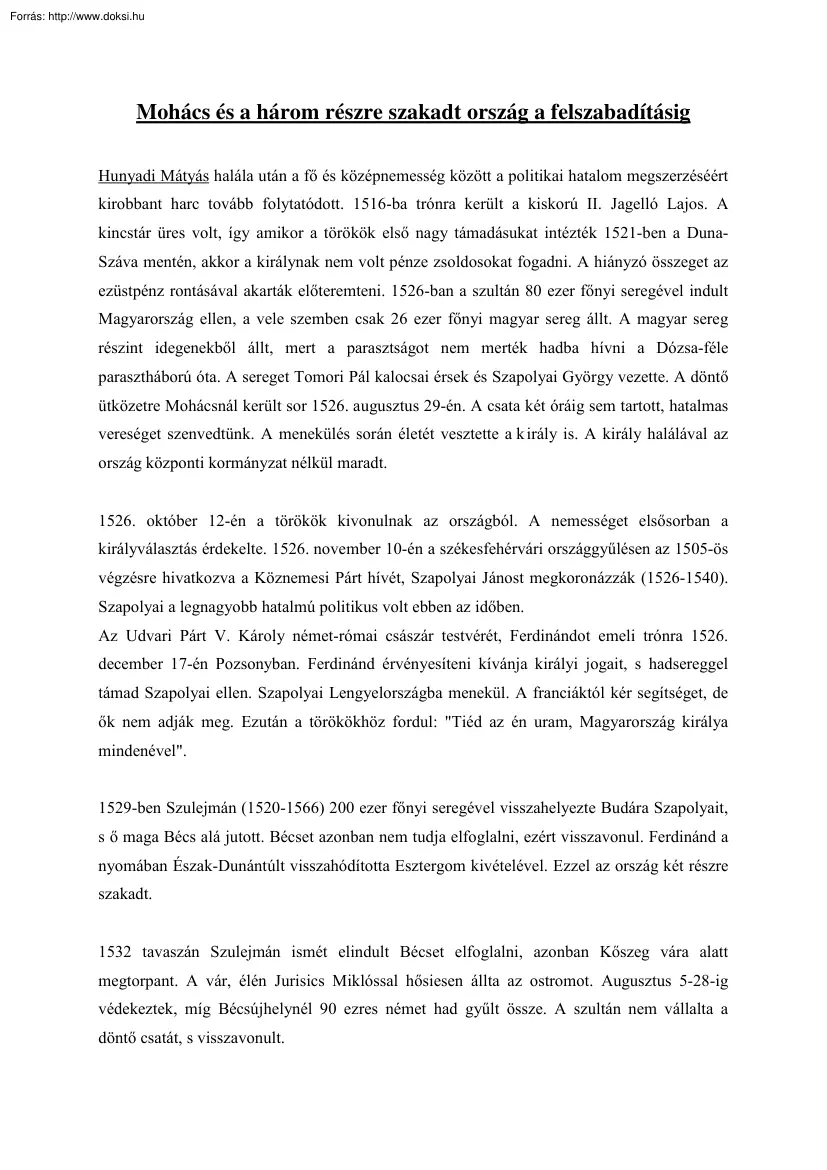 Mohács és a három részre szakadt ország a felszabadításig