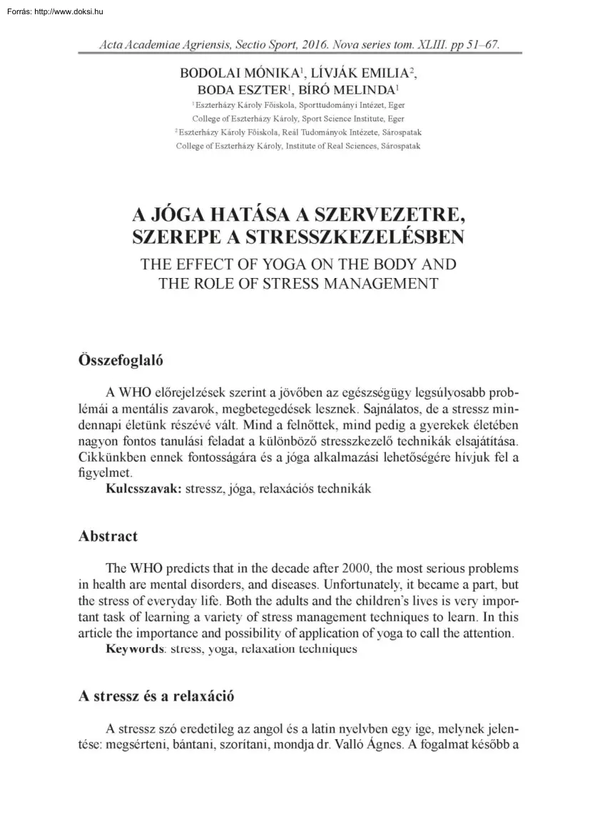 A jóga hatása a szervezetre, szerepe a stresszkezelésben