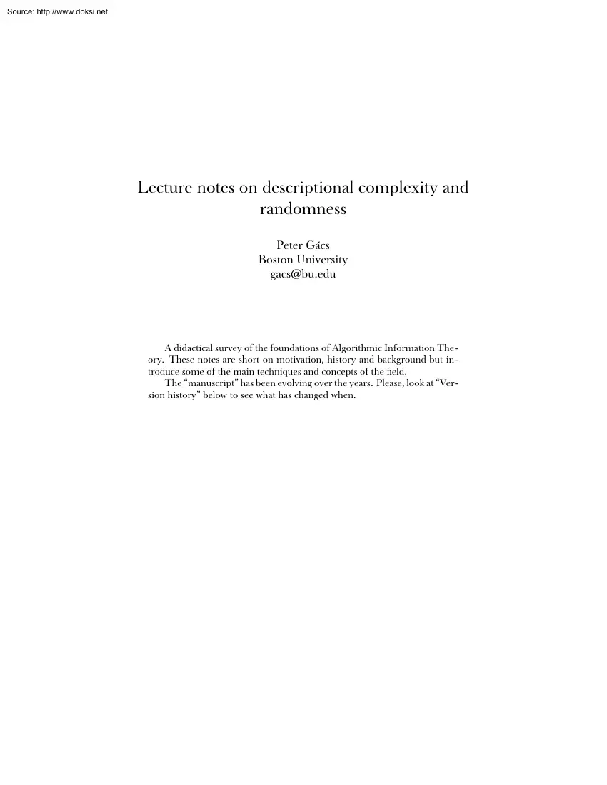 Peter Gács - Lecture notes on descriptional complexity and randomness