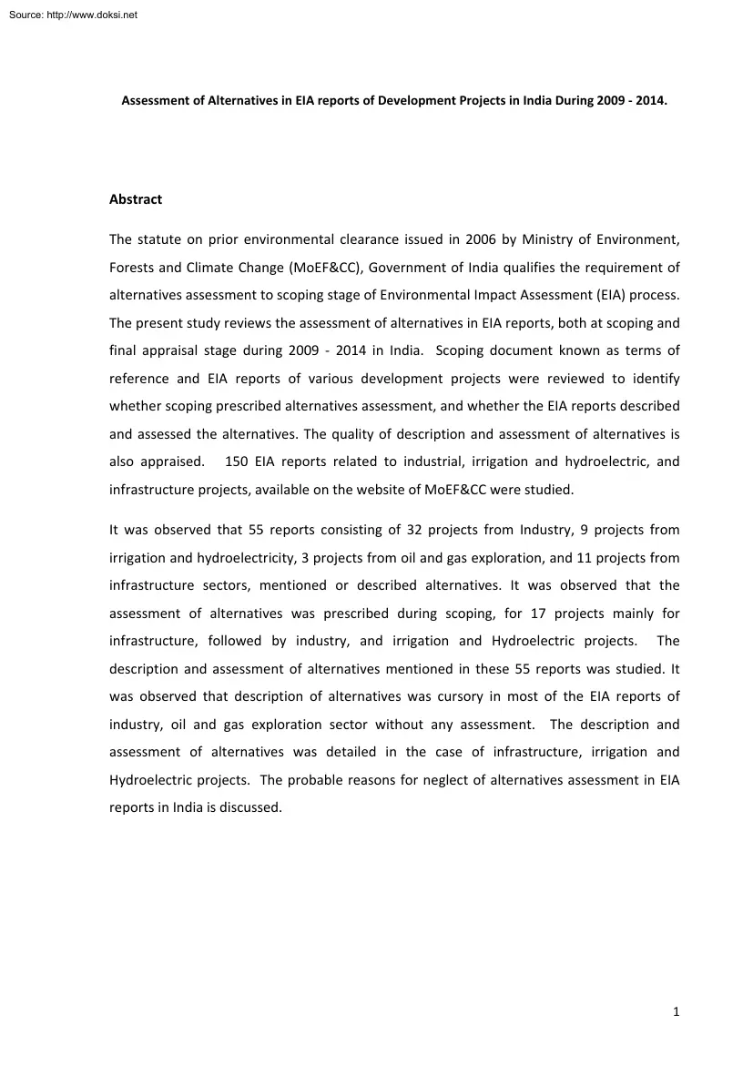 Assessment of Alternatives in EIA reports of Development Projects in India