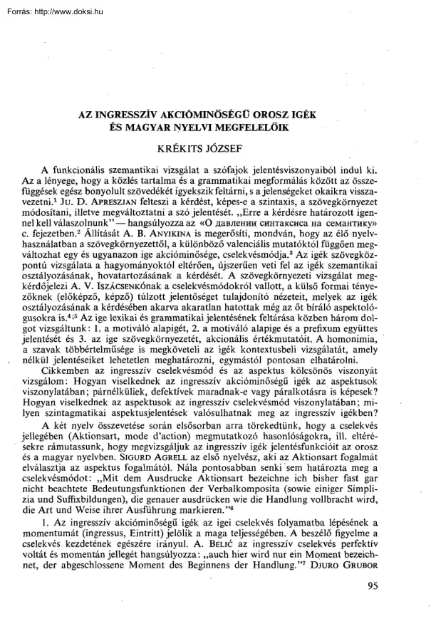 Krékits József - Az ingresszív akcióminőségű orosz igék és magyar nyelvi megfelelők