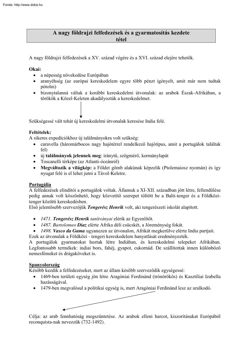 A nagy földrajzi felfedezések és a gyarmatosítás kezdete, tétel