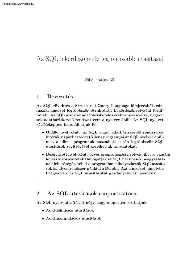 Az SQL nyelv legfontosabb utasításai