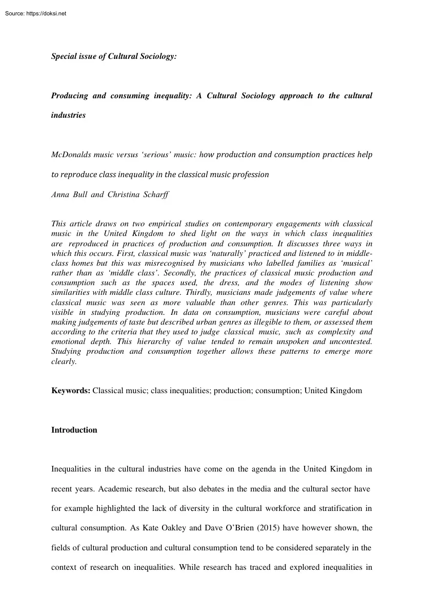 Producing and consuming inequality, A Cultural Sociology approach to the cultural industries
