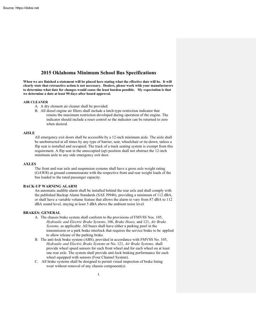 2015 Oklahoma Minimum School Bus Specifications