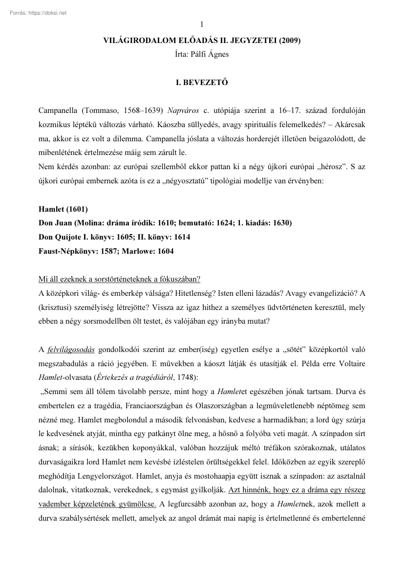 Pálfi Ágnes - Világirodalom előadás II jegyzetei, 2009