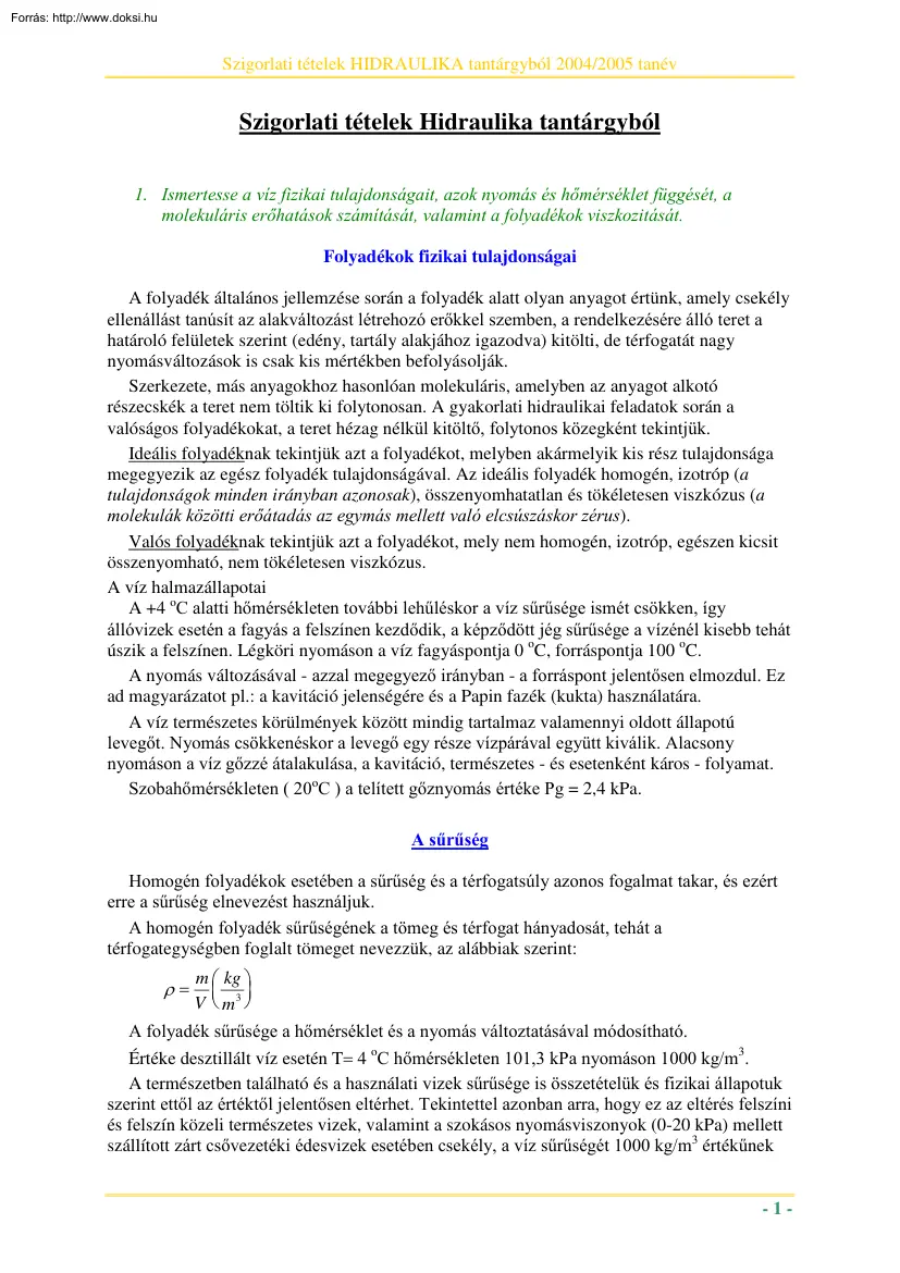 Szigorlati tételek Hidraulika tantárgyból