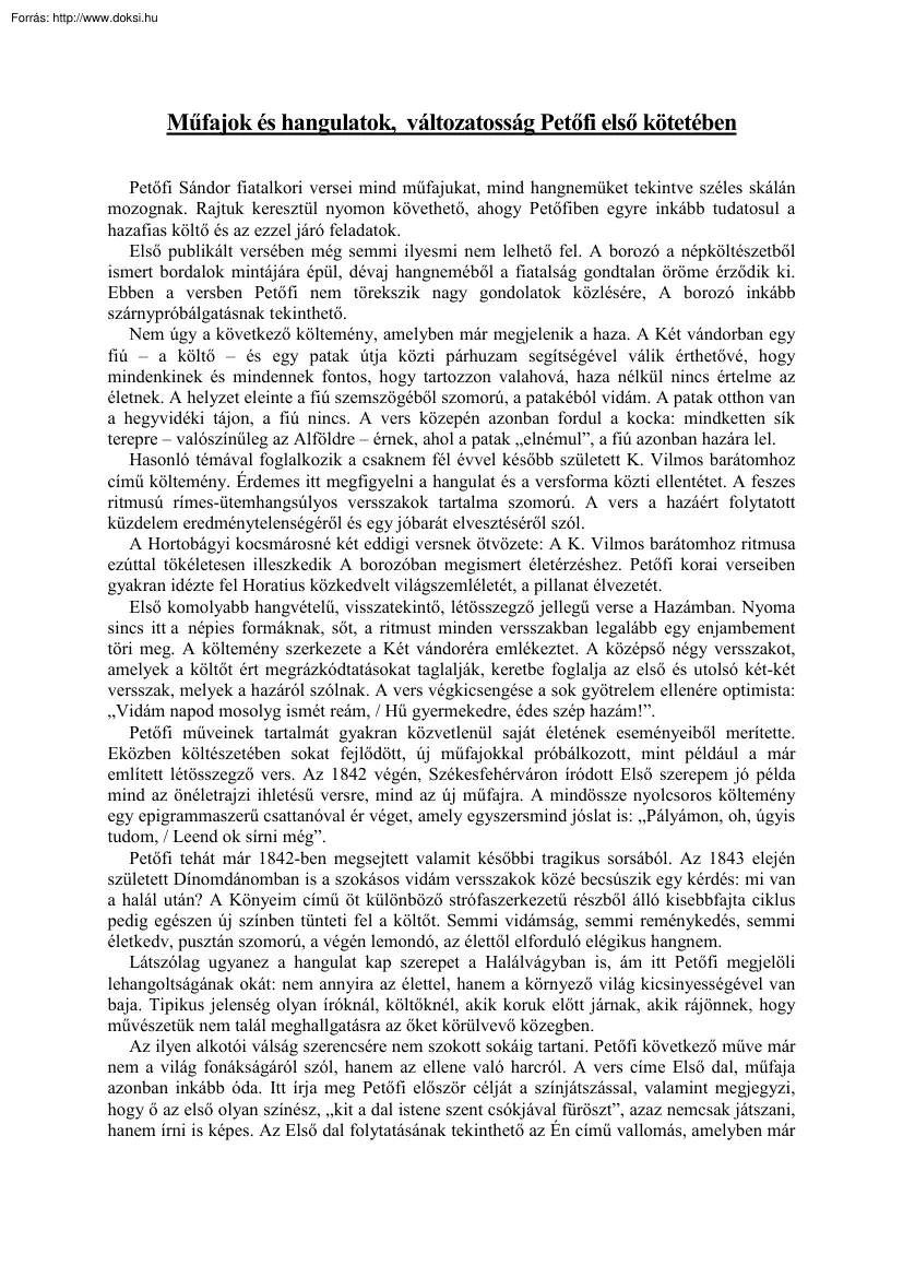 Műfajok és hangulatok, változatosság Petőfi első kötetében