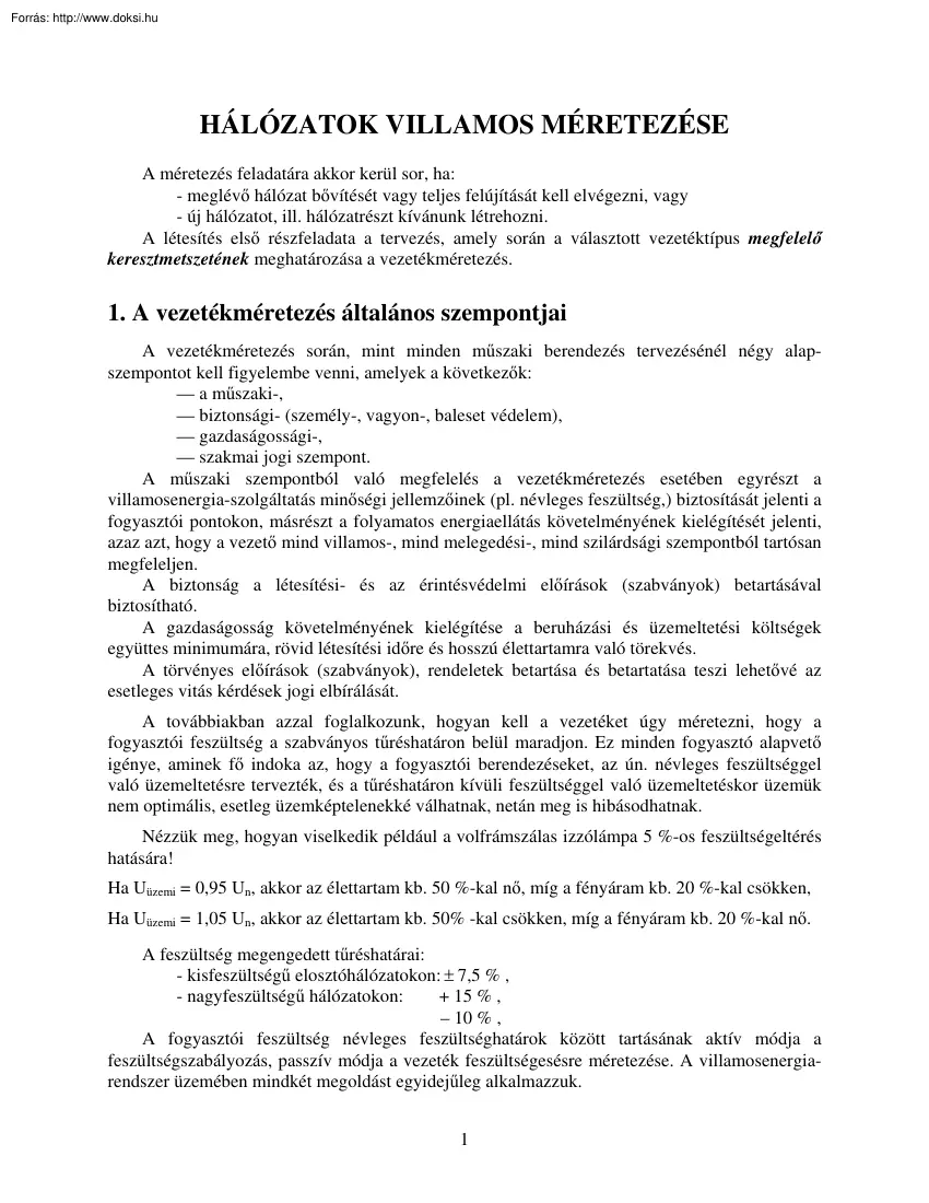 Hálózatok villamos méretezése