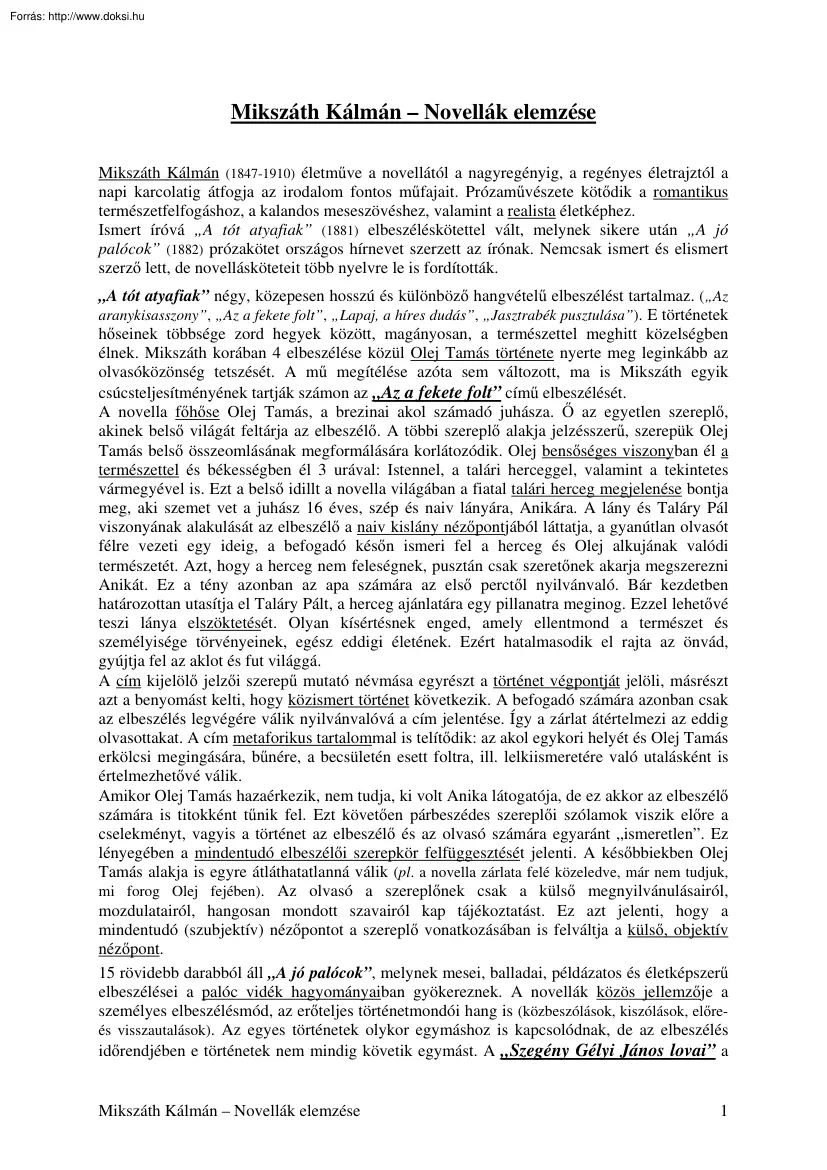 Mikszáth Kálmán - Novellák elemzése