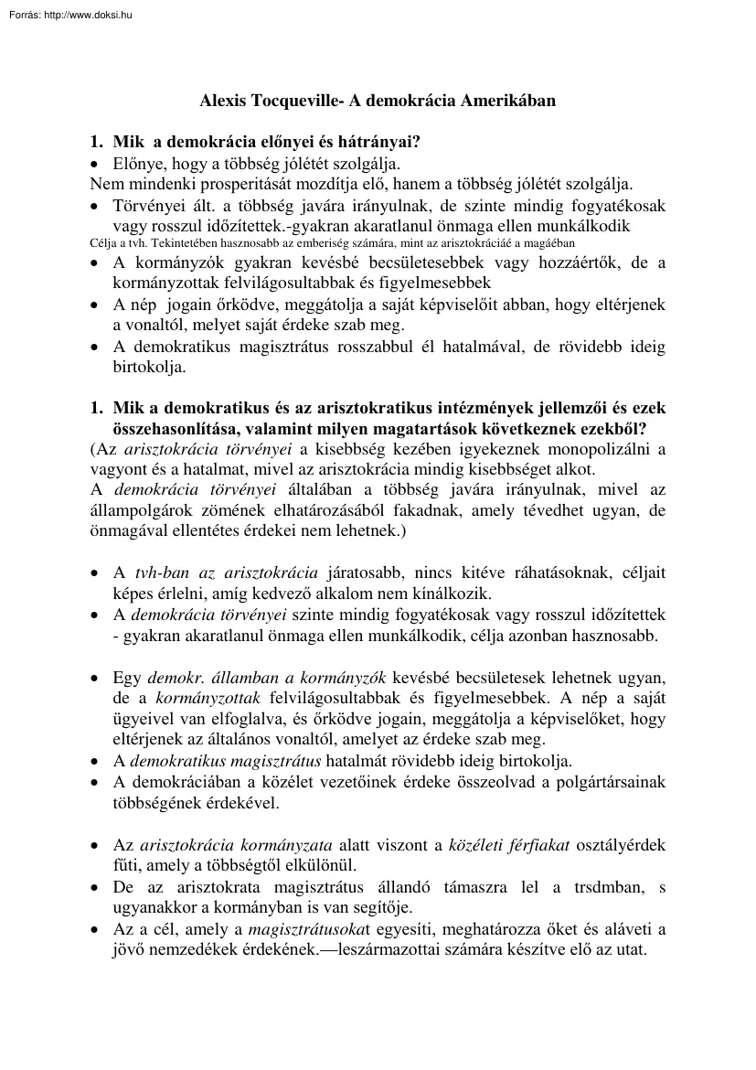 Alexis Tocqueville - A demokrácia Amerikában, kérdések és válaszok